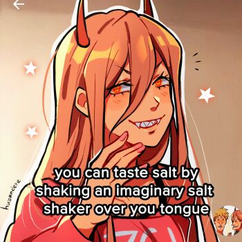 1girl absurdres beavis beavis_(cosplay) beavis_and_butt-head brown_hair butt-head butt-head_(cosplay) caption chainsaw_man cosplay cross-shaped_pupils denji_(chainsaw_man) english_text fangs hair_between_eyes highres horns huyandere long_hair looking_at_viewer nail_polish parted_lips pink_nails power_(chainsaw_man) red_horns sharp_teeth smile snapchat solo symbol-shaped_pupils teeth yellow_eyes