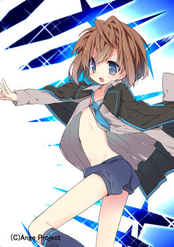 1girl androgynous ange_vierge black_cape black_socks blue_eyes blue_necktie blue_shorts blush breasts brown_hair cape collarbone feet_out_of_frame highres kiyokawa_saki kneehighs knees_up looking_ahead loose_necktie messy_hair nakamura_sandayo navel necktie open_clothes open_mouth open_shirt puffy_shorts reaching reaching_towards_viewer short_hair short_shorts shorts small_breasts socks solo unbuttoned unbuttoned_shirt underboob wind