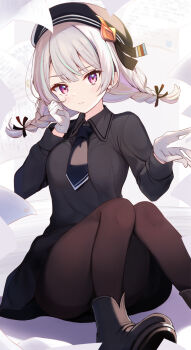 1girl beret black_boots black_bow black_dress black_hat black_necktie boots bow braid breasts brown_pantyhose closed_mouth collared_dress commentary_request dress gloves grey_hair hair_bow hat highres komone_ushio long_sleeves looking_at_viewer low_twintails necktie original panties panties_under_pantyhose pantyhose purple_eyes small_breasts solo twin_braids twintails underwear white_gloves