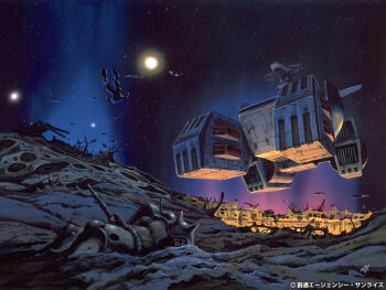 1980s_(style) a_baoa_qu asteroid battle cable copyright_notice damaged debris dirty earth_federation gun gundam machine_gun machinery mecha mecha_focus miyatake_kazutaka mobile_suit mobile_suit_gundam nebula no_humans official_art oldschool painting_(medium) promotional_art realistic retro_artstyle robot ruins scan scene_reference science_fiction shield shoulder_spikes signature space space_station spacecraft spikes spoilers star_(sky) sun traditional_media weapon when_you_see_it white_base wreckage zaku_ii zeon