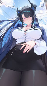 1girl absurdres asymmetrical_horns black_hair black_horns black_pantyhose black_skirt blue_hair blush breasts cleavage closed_mouth commentary english_commentary highres hololive hololive_english horns jacket jacket_on_shoulders large_breasts long_hair mole mole_under_eye multicolored_hair nerissa_ravencroft nerissa_ravencroft_(casual) outdoors pantyhose purple_eyes shirt skirt smile solo two-tone_hair uneven_horns virtual_youtuber white_shirt yoellim5