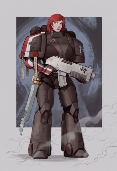 1girl absurdres armor black_armor commander_shepard commander_shepard_(female) crossover devilhs full_body grey_eyes gun highres holding holding_gun holding_weapon looking_at_viewer mass_effect_(series) red_hair solo sword warhammer_40k weapon weapon_request