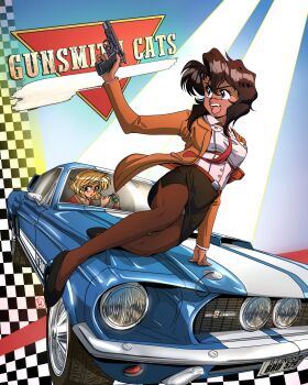 2girls absurdres blonde_hair brown_hair car cz_75 dark-skinned_female dark_skin explosive female_focus ford_mustang ford_mustang_(1st_generation) fritz_willie grenade gun gunsmith_cats handgun highres holding holding_gun holding_weapon minnie_may_hopkins motor_vehicle multiple_girls muscle_car rally_vincent shelby_gt500 tan tomboy weapon