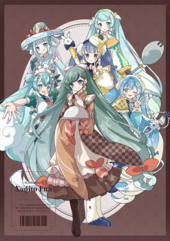 6+girls :d absurdly_long_hair absurdres apron aqua_bow aqua_eyes aqua_hair aqua_kimono aqua_ribbon aqua_sleeves badge bell bell_pepper black_boots black_gloves blue_boots blue_bow blue_bowtie blue_eyes blue_hair blue_ribbon blue_shirt blue_skirt blunt_bangs boots border bow bowtie braid braided_hair_rings brown_kimono button_badge capelet checkered_sleeves cheese cheese_wheel coattails commentary cowbell crab_hair_ornament detached_sleeves double_bun drill_hair earrings egg_(food) eighth_note everyone fake_horns fish_(food) food food-themed_hair_ornament food_print fork fork_hair_ornament fortissimo frilled_apron frilled_shirt frilled_skirt frills fruit full_body fur-trimmed_boots fur-trimmed_capelet fur_trim gloves gold_trim gradient_hair green_bell_pepper green_ribbon green_skirt hair_bow hair_bun hair_ornament hair_ribbon hair_rings hairclip hand_on_headwear hardboiled_egg hat hatsune_miku headdress highres holding holding_food holding_ice_cream holding_spoon holding_spring_onion holding_staff holding_tray holding_vegetable horns ice_cream ice_cream_cone ichimegasa ikura_(food) japanese_clothes jar jewelry kappougi kimono lace-up_boots large_hat layered_skirt long_hair looking_at_viewer lotus_root low_twin_braids medal melon melon_ball melting mittens multicolored_hair multicolored_shirt multiple_girls multiple_persona multiple_scoops musical_note musical_note_hair_ornament nagitofuu neck_bell neck_ribbon necktie off-shoulder_shirt off_shoulder one_eye_closed open_mouth orange_capelet orange_hair orange_skirt orange_thighhighs outstretched_arm oversized_object pantyhose parted_lips pink_bow pink_necktie pink_ribbon polka_dot_sleeves pom_pom_(clothes) puffy_short_sleeves puffy_sleeves rabbit_yukine red_bow ribbon rope sandals serving_dome shirt shoes short_necktie short_sleeves shrimp sidelocks single_earring skirt smile snowflake_hair_ornament snowflake_ornament snowflake_print socks spoon spoon_hair_ornament spring_onion sprinkles squash staff star_(symbol) star_earrings star_print straight-on streaked_hair striped_clothes striped_kimono striped_skirt striped_thighhighs swiss_cheese thighhighs tray twin_braids twin_drills twintails twitter_username two-tone_skirt vegetable vertical-striped_clothes vertical-striped_thighhighs very_long_hair vocaloid waffle_cone watermark wavy_hair white_apron white_boots white_border white_bow white_hair white_hat white_headdress white_pantyhose white_ribbon white_shirt white_socks wide_sleeves yellow_capelet yellow_ribbon yuki_miku yuki_miku_(2024) yuki_miku_(2024)_(candidate_no.1) yuki_miku_(2024)_(candidate_no.2) yuki_miku_(2024)_(candidate_no.3) yuki_miku_(2024)_(candidate_no.4) yuki_miku_(2024)_(candidate_no.6)