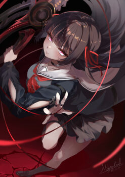 1girl absurdres arm_cutout az_(moyugod) black_hair black_jacket black_shirt breasts chisa_(wuthering_waves) closed_mouth clothing_cutout collarbone commentary dated hair_ribbon highres holding holding_sword holding_weapon jacket long_hair long_sleeves looking_at_viewer medium_breasts mole mole_under_eye pink_eyes red_ribbon ribbon sailor_collar shirt signature solo sword thigh_strap thighs weapon white_sailor_collar wuthering_waves