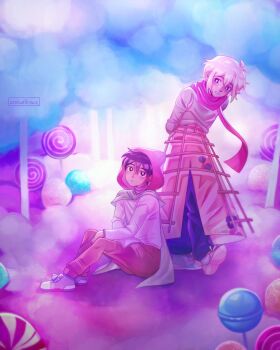 2boys alternate_costume alternate_universe antenna_hair artist_name basil_(faraway)_(omori) basil_(omori) black_eyes black_hair black_pants blonde_hair blue_eyes bright_pupils brown_pants candy closed_mouth cloud commentary double-parted_bangs english_commentary food hair_between_eyes highres lollipop long_sleeves looking_at_another male_focus multiple_boys omori pants parted_lips red_scarf scarf short_hair sitting smile standing sunny_(omori) swirl_lollipop white_pupils zoewillowz