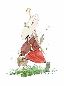1girl alternate_costume artist_name basket belt brown_belt collared_jacket commentary english_commentary film_grain halftone highres hightguy holding holding_basket hollow_eyes hollow_knight hollow_knight:_silksong horned_mask hornet_(hollow_knight) jacket long_sleeves looking_ahead mask medium_skirt needle_(hollow_knight) no_mouth on_grass open_clothes open_jacket pleated_skirt pocket puffy_long_sleeves puffy_sleeves red_jacket red_skirt shirt shirt_tucked_in shovel simple_background skirt solo standing standing_on_one_leg v_arms walking weapon weapon_on_back white_background white_shirt