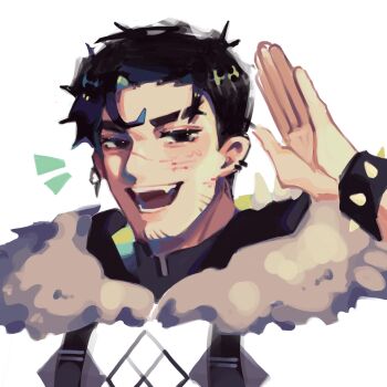 1boy 33yun beowulf_(skullgirls) black_eyes black_hair black_wrist_cuffs commentary ear_piercing english_commentary facial_hair fur_trim highres male_focus pelt piercing portrait short_hair simple_background sketch skullgirls smile spiked_wristband stubble suspenders teeth unfinished very_short_hair white_background wrist_cuffs