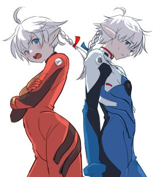 1boy 1girl ahoge alisaie_leveilleur alphinaud_leveilleur annoyed aqua_eyes back-to-back blush bodysuit braid breasts brother_and_sister commentary_request cosplay cropped_legs elezen elf final_fantasy final_fantasy_xiv from_side gloves head_down highres ikari_shinji ikari_shinji_(cosplay) looking_at_viewer mecha_pilot_suit neon_genesis_evangelion pale_skin plugsuit_(evangelion) pointy_ears red_bodysuit red_gloves red_ribbon ribbon shelldy siblings single_braid small_breasts souryuu_asuka_langley souryuu_asuka_langley_(cosplay) standing teeth twins upper_teeth_only white_hair