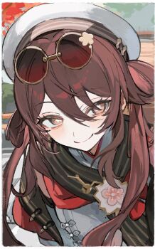 1girl brown_eyes brown_hair commentary_request dress eyewear_on_head flower-shaped_pupils genshin_impact hair_rings hat hu_tao_(cherries_snow-laden)_(genshin_impact) hu_tao_(genshin_impact) kawaii_rowa long_hair looking_at_viewer official_alternate_costume red-tinted_eyewear red_skirt round_eyewear scarf skirt smile solo sunglasses symbol-shaped_pupils tinted_eyewear white_dress white_hat
