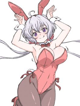 1girl absurdres ahoge animal_ear_hairband animal_ears black_pantyhose blush bow bowtie breasts detached_collar fake_animal_ears grey_hair hairband highres ichimisan jumping large_breasts leotard long_hair looking_at_viewer low_twintails nose_blush pantyhose playboy_bunny purple_eyes rabbit_ears rabbit_pose rabbit_tail red_bow red_bowtie red_leotard senki_zesshou_symphogear simple_background solo standing standing_on_one_leg strapless strapless_leotard tail tongue tongue_out twintails white_background wrist_cuffs yukine_chris