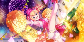 1girl :d aerial_fireworks armpits blonde_hair bow_legwear breasts building detached_sleeves dot_nose dress dutch_angle fireworks food_stand game_cg green_eyes hat heart highres kicking kneehighs lapis_re:lights large_breasts lavie_(lapis_re:lights) looking_at_viewer night night_sky official_art open_mouth outstretched_arm pink_dress pink_hat pink_skirt short_sleeves shorts shorts_under_skirt showgirl_skirt sign skirt sky sleeveless sleeveless_dress smile socks solo sparkle string_of_flags third-party_source town twintails two-tone_dress white_dress white_shorts white_socks
