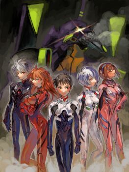 Rule 34 | 3girls, ayanami rei, bad drawr id, bad id, character request, ikari shinji, jumpsuit, looking at viewer, mecha, multiple girls, neon genesis evangelion, oekaki, pink jumpsuit, red jumpsuit, robot, smoke, souryuu asuka langley, white jumpsuit