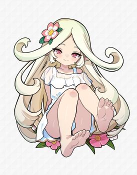 1girl barefoot closed_mouth commentary_request dress esterielle_(world_flipper) flower full_body grey_background hair_flower hair_ornament highres long_hair looking_at_viewer mwm5 pink_eyes pink_flower pointy_ears sitting smile soles solo very_long_hair white_dress world_flipper