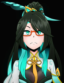 1girl artist_name between_breasts black_background black_hair blush bodystocking breasts closed_mouth colored_inner_hair commission emergence_(shindol) frown genshin_impact glasses green_eyes green_hair hair_ornament large_breasts long_hair looking_at_viewer mesaria_art multicolored_hair red-framed_eyewear scene_reference semi-rimless_eyewear simple_background solo split_mouth staring thousand_yard_stare two-tone_hair under-rim_eyewear upper_body xianyun_(genshin_impact)