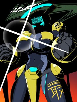 1girl android black_background blue_eyes breasts colored_skin grey_skin highres humanoid_robot large_breasts looking_at_viewer mecha_musume original parody robot shine style_parody zundarahagezou