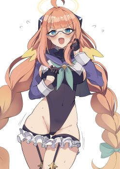 1girl black_leotard blue_archive blue_shrug braid braided_twintails feather_hair feathers glasses gloves half_gloves halo highres koshian_(taiyaki) leotard looking_at_viewer low_twin_braids official_alternate_costume orange_hair shimiko_(blue_archive) shimiko_(magical)_(blue_archive) shrug_(clothing) solo super_highleg twin_braids yellow_feathers yellow_halo