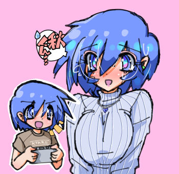 aoba_(aunana) blue_eyes blue_hair blush breasts brown_shirt controller cyborg eyes_visible_through_hair highres jewelry joints large_breasts miyuki_mama mother_and_son necklace nervous_sweating robot_joints shirt sweat sweater switch turtleneck turtleneck_sweater