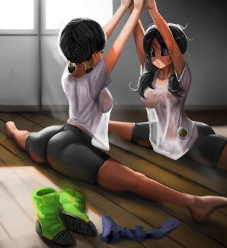 1girl absurdres ass black_hair blue_eyes boots breasts dragon_ball dragonball_z elite_nappa exercising feet highres large_breasts legs_apart messy_hair mirror see-through_clothes shirt shorts socks solo split stretching sweat twintails videl wet wet_clothes wet_shirt