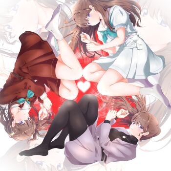 1girl absurdres anime_coloring aqua_neckerchief black_pantyhose black_sweater breasts brown_dress brown_hair chain chain_necklace closed_mouth commentary dated_commentary dress earrings floating_hair foot_out_of_frame fujishima_megumi fujishima_megumi_(post-graduation) grey_jacket grey_skirt hair_ornament hair_ribbon hasu_no_sora_school_uniform heart heart_earrings heart_necklace highres jacket jewelry large_breasts link!_like!_love_live! long_hair long_sleeves looking_at_viewer love_live! medium_dress miniskirt multiple_views neckerchief necklace no_shoes on_your_mark_(love_live!) open_clothes open_jacket pantyhose parted_lips pleated_dress pleated_skirt ponytail puffy_short_sleeves puffy_sleeves purple_eyes rakinegimagi red_background ribbon rotational_symmetry sailor_collar sailor_dress school_uniform short_sleeves sidelocks simple_background skirt smile socks suit_jacket summer_uniform sweater triangle_hair_ornament turtleneck turtleneck_sweater twintails two_side_up virtual_youtuber white_dress white_ribbon white_sailor_collar white_socks winter_uniform