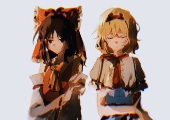 Rule 34 | 2girls, alice margatroid, ascot, bare shoulders, blonde hair, blue dress, bow, brown hair, capelet, closed eyes, closed mouth, detached sleeves, dress, expressionless, grey background, hair tubes, hairband, hakurei reimu, hand on own arm, highres, lolita hairband, looking down, medium hair, multiple girls, red bow, red ribbon, red shirt, ribbon, shirt, short sleeves, sleeveless, sleeveless shirt, touhou, upper body, white capelet, wssjzwcmd, yellow ascot