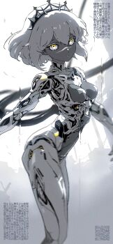 1girl android breasts expressionless highres jnt looking_at_viewer original short_hair small_breasts solo spot_color white_hair yellow_eyes