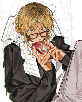 Rule 34 | 1boy, bespectacled, black-framed eyewear, black hoodie, blonde hair, brown eyes, cellphone, glasses, grey pants, haikyuu!!, hashtag-only commentary, highres, holding, holding phone, hood, hood down, hoodie, kozume kenma, looking at viewer, male focus, multicolored hair, ooo4oso, pants, phone, roots (hair), scarf, sitting, slit pupils, smartphone, solo, unfinished