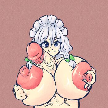 1boy 1girl autopaizuri blue_eyes bow braid breasts breasts_squeezed_together closed_mouth completely_nude green_bow grey_hair hair_between_eyes hair_bow headdress hetero highres huge_areolae huge_breasts huge_nipples huge_penis izayoi_sakuya long_hair looking_at_viewer maid_headdress masturbation nipples nude paizuri penis penis_on_face pov red_background smile thatartistann touhou twin_braids veins veiny_penis