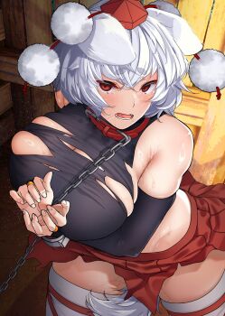 1girl absurdres animal_collar animal_ears between_legs black_bridal_gauntlets black_shirt blush breasts bridal_gauntlets chain chain_leash collar commentary_request cowboy_shot cuffs ears_down fingernails hat highres hira_(nanika_no_heya) indoors inubashiri_momiji large_breasts leash looking_at_viewer lower_teeth_only miniskirt open_mouth pom_pom_(clothes) pussy_juice red_eyes red_hat red_skirt shirt short_hair skirt sleeveless sleeveless_shirt solo sweat tail tail_between_legs teeth thick_eyebrows thighhighs tokin_hat torn_clothes torn_shirt torn_skirt touhou white_hair white_thighhighs wolf_ears wolf_girl wolf_tail
