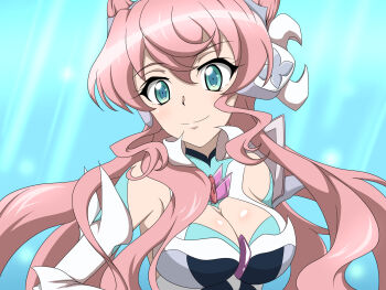 1girl a_k_g_e_0325 aqua_eyes bare_shoulders blush breasts cleavage cleavage_cutout clothing_cutout hair_between_eyes headgear highres interface_headset_(evangelion) large_breasts long_hair looking_at_viewer maria_cadenzavna_eve pink_hair senki_zesshou_symphogear smile solo symphogear_pendant very_long_hair