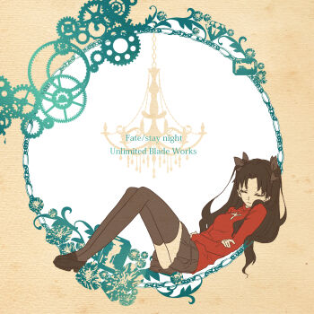 Rule 34 | 1girl, black hair, black shoes, black skirt, black thighhighs, breasts, closed eyes, closed mouth, commentary request, copyright name, fate/stay night, fate (series), full body, highres, long hair, long sleeves, lying, miniskirt, on back, red shirt, roku (ntbr fate), shirt, shoes, skirt, sleeping, small breasts, solo, thighhighs, tohsaka rin, two side up, yellow background