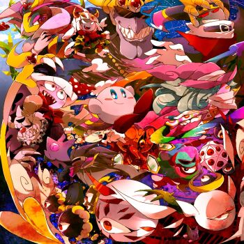 ahoge anniversary belt belt_buckle blue_belt blue_dress blue_eyes blue_hair blue_headwear blunt_bangs blunt_ends blush_stickers boots bow bowtie brown_footwear buckle cape claws cloak closed_eyes closed_mouth colored_skin commentary_request covered_mouth curly_hair dark_crafter dark_matter_(kirby) dark_matter_blade dark_mind dark_nebula dark_skin disembodied_hand drawcia dress everyone extra_eyes extra_hands eyeshadow eyewear_on_head fur-trimmed_headwear fur_trim gloves green_vest grin gryll_(kirby) hair_over_one_eye halo hat heart heart_print heterochromia holding holding_paintbrush horns jester_cap jewelry kirby kirby_(series) light_blue_hair long_hair magolor makeup marx_(kirby) marx_(true_form)_(kirby) master_crown miracle_matter mirror necklace necrodeus nightmare_(kirby) nintendo no_humans open_mouth paintbrush pink_cape pink_eyeshadow pink_headwear pink_skin plant polka_dot_headwear pom_pom_(clothes) puffy_short_sleeves puffy_sleeves purple_skin queen_sectonia rayman_limbs red-framed_eyewear red_bow red_bowtie red_cloak red_eyes red_footwear red_headwear scar scar_across_eye scar_on_face scarf sharp_teeth shirushiki shoes short_hair short_sleeves skeleton skull_necklace smile space star_(sky) sunglasses taranza teeth traitor_magolor two-tone_headwear upper_teeth_only v-shaped_eyebrows v-shaped_eyes vest vines white_eyes white_gloves white_hair white_scarf witch_hat yellow_cape yellow_eyes yellow_halo yellow_headwear yellow_horns yellow_wings zero_(kirby) zero_two_(kirby)