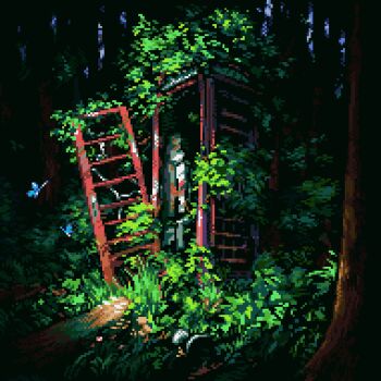 abandoned blue_butterfly bug butterfly commentary english_commentary forest hby_stuff insect log mushroom nature no_humans original overgrown phone_booth pixel_art plant scenery tree vines