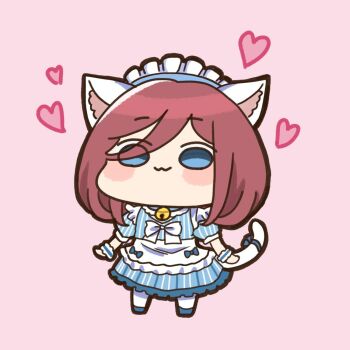 Rule 34 | 1girl, :3, akino ell, animal ear fluff, animal ears, apron, bell, blue coat, blue dress, blue eyes, blue shoes, blush stickers, bow, brown hair, cat ears, cat girl, cat tail, chibi, closed mouth, coat, commentary request, dress, full body, go-toubun no hanayome, hair over one eye, jingle bell, kemonomimi mode, maid headdress, nakano miku, neck bell, pantyhose, pink background, puffy short sleeves, puffy sleeves, shoes, short sleeves, simple background, solo, standing, striped clothes, striped dress, tail, vertical-striped clothes, vertical-striped dress, waist apron, white apron, white bow, white pantyhose, wrist cuffs