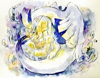 Rule 34 | air bubble, bubble, closed eyes, closed mouth, eevee, full body, gen 1 pokemon, gen 2 pokemon, glowing, highres, legendary pokemon, lugia, nintendo, no humans, non (kumakawayusu), painting (medium), pokemon, pokemon (creature), simple background, traditional media, underwater, watercolor (medium), white background