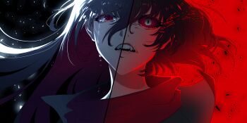 1girl black_coat black_hair bob_cut coat colored_inner_hair colored_sclera corruption crying crying_with_eyes_open dual_persona glass_shards graveweaver hair_flowing_over half-closed_eye heterochromia highres i'm_the_grim_reaper long_hair looking_at_viewer multicolored_hair official_art open_clothes open_coat popped_collar portrait red_eyes red_scarf red_sclera scarf scarlet_(i'm_the_grim_reaper) short_hair sidelighting sky solo_focus split_screen star_(sky) starry_sky tears white_eyes