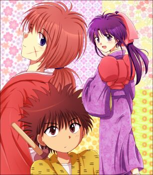 Rule 34 | 1girl, 2boys, bad id, bad pixiv id, blue eyes, brown eyes, brown hair, himura kenshin, japanese clothes, kamiya kaoru, kimono, long hair, looking back, mappou, multiple boys, myoujin yahiko, orange hair, pink ribbon, ponytail, purple eyes, purple hair, ribbon, rurouni kenshin, scar, short hair