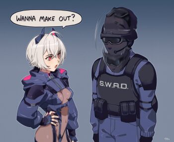 1boy 1girl afterimage alt_text artist_name black_gloves blush_visible_through_clothes breasts commentary cropped_hoodie english_commentary english_text fingerless_gloves gloves goggles gradient_background grey_background hand_on_own_hip headset highres hood hoodie indie_virtual_youtuber long_sleeves looking_at_another medium_breasts motion_blur motion_lines nodding open_mouth optionaltypo red_eyes saruei_(vtuber) scar scar_across_eye scar_on_face second-party_source short_hair signature simple_background speech_bubble standing tactical_clothes virtual_youtuber wanna_make_out?_(meme)