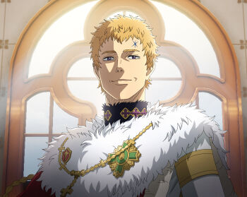 Rule 34 | 1boy, absurdres, black clover, black clover m: rise of the wizard king, blonde hair, cross, forehead tattoo, highres, julius novachrono, looking at viewer, non-web source, official art, purple eyes, short hair, solo, tattoo