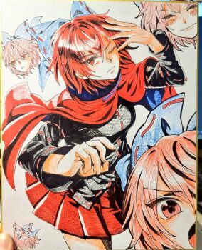 1girl black_shirt blue_bow bow breasts cape cloak closed_eyes closed_mouth disembodied_head floating_head hair_bow kuya_(hey36253625) long_sleeves miniskirt multiple_heads one_eye_closed open_mouth pleated_skirt red_cape red_cloak red_eyes red_hair red_skirt ribbon-trimmed_bow ribbon_trim sekibanki shirt short_hair simple_background skirt small_breasts solo touhou traditional_media white_background