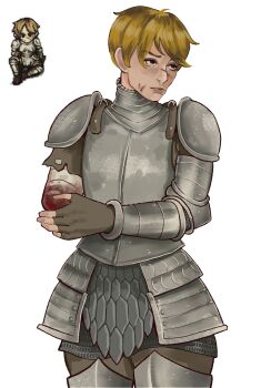 Rule 34 | 1girl, amputee, armor, bandages, blonde hair, blood, bloody bandages, brokenramen, brown gloves, closed mouth, commentary, cowboy shot, cuirass, fear &amp; hunger (series), fear &amp; hunger 1, fingerless gloves, gloves, highres, jeanne (fear &amp; hunger), knight, lips, official art inset, pauldrons, scar, scar on face, short hair, shoulder armor, simple background, standing, vambraces, white background