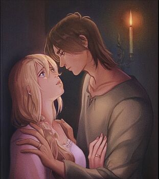 1boy 1girl blonde_hair blue_eyes breasts brown_hair candle closed_mouth commentary couple english_commentary eren_yeager grey_shirt hair_between_eyes hand_on_another's_chest hands_on_another's_shoulders hetero highres iaisotria jewelry krista_lenz long_hair looking_at_another low-tied_long_hair medium_breasts medium_hair parted_bangs parted_lips pink_shirt ring shingeki_no_kyojin shirt