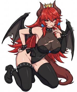 1girl black_bodysuit black_leotard black_thighhighs bodysuit bowsette bowsette_(cosplay) breasts cleavage closed_mouth commentary cosplay dragon_girl dragon_horns dragon_tail dragon_wings english_commentary hand_on_own_hip highres horns indie_virtual_youtuber large_breasts leotard long_hair looking_at_viewer mario_(series) mommyelyravt nintendo smile solo tail thighhighs torn_bodysuit torn_clothes very_long_hair virtual_youtuber white_background wings zentreya zentreya_(dragon)