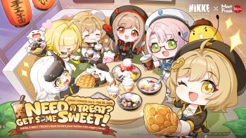 6+girls anis_(nikke) apron artist_request blonde_hair bow bowl bready_(nikke) breasts bubble_tea cat_hair_ornament chef_hat chibi cleavage commentary cup curtained_hair disposable_cup drinking drinking_straw drooling elegg_(nikke) english_commentary english_text fingerless_gloves food frilled_apron frills glasses gloves goddess_of_victory:_nikke green_eyes grey_hair hair_bow hair_intakes hair_ornament hair_over_eyes hat highres holding holding_bowl holding_food holding_spoon ice_cream indoors lantern long_sleeves looking_at_viewer medium_breasts medium_hair multicolored_hair multiple_girls necktie neon_(nikke) official_art outstretched_arm paper_lantern pudding rapi_(nikke) red_eyes red_gloves red_necktie sailor_collar saliva semi-rimless_eyewear shirt sitting skirt snow_white_(nikke) soft_serve spoon table thighhighs two-tone_hair white_apron white_shirt white_skirt