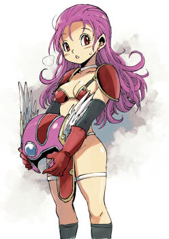 1girl armor bikini_armor blush breasts commentary_request curly_hair dragon_quest dragon_quest_iii eyelashes gloves groin helmet highres holding holding_unworn_helmet large_breasts long_hair muramasa_mikado pauldrons pelvic_curtain pink_hair pink_helmet red_eyes red_gloves revision shoulder_armor solo standing sweatdrop unworn_headwear unworn_helmet warrior_(dq3) white_background