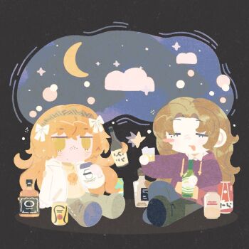 2girls alcohol asahi_breweries beer_can black_pants bottle bow brown_hairband can closed_eyes cloud crescent drink_can freckles hair_bow hairband hands_up holding holding_bottle hood hoodie ishmael_(project_moon) jack_daniel's jacket limbus_company long_hair multiple_girls night octopus_print open_mouth orange_hair pants prehensile_hair project_moon purple_hoodie rodion_(project_moon) rope sidelocks sitting sky smile star_(sky) starry_sky very_long_hair whiskey white_bow white_jacket yesheng_zong_ren