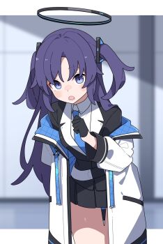 1girl black_gloves black_halo black_jacket black_skirt blue_archive blue_jacket blue_necktie collared_shirt commentary_request curtained_hair gloves hair_between_eyes hair_intakes hair_ornament halo hand_up highres jacket leaning_forward long_hair long_sleeves looking_at_viewer mikokomiyazawa multicolored_jacket necktie open_clothes open_jacket purple_eyes purple_hair shirt skirt solo thighs two-sided_fabric two-sided_jacket two_side_up white_jacket white_shirt yuuka_(blue_archive)