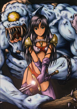 Rule 34 | 1boy, 1girl, armor, bald, black eyes, black gloves, black hair, black thighhighs, blue skin, bra, breasts, cleavage, closed mouth, club, club (weapon), colored sclera, colored skin, cyclops, dark-skinned female, dark skin, garter straps, giant, glint, gloves, green eyes, gums, highres, holding, holding club, holding sword, holding weapon, jewelry, long hair, looking at another, looking at viewer, medium breasts, multi-strapped panties, necklace, one-eyed, open mouth, original, panties, pauldrons, pointy ears, purin (alicesoft), red bra, red panties, sharp teeth, shoulder armor, spiked club, standing, sword, teeth, thighhighs, tusks, two-handed, underwear, weapon, yellow sclera