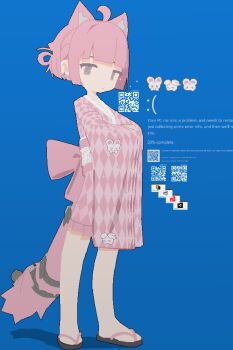 Rule 34 | 1girl, absurdres, animal ears, blue background, blue screen of death, earrings, emoticon, full body, grey eyes, hands in opposite sleeves, hayasabro, highres, jaggy lines, japanese clothes, jewelry, kimono, microsoft windows, pink kimono, pink skirt, qr code, sandals, simple background, skirt, solo, standing, tail, tail strap, vrchat, wide sleeves