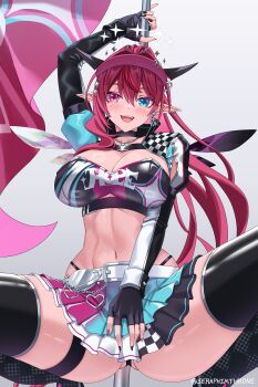 1girl black_skirt blue_eyes blue_skirt breasts cameltoe cleavage commentary english_commentary flag halo heterochromia highres holding holding_flag hololive hololive_english horns irys_(hololive) irys_(race_queenrys)_(hololive) large_breasts long_hair looking_at_viewer miniskirt multicolored_skirt navel official_alternate_costume paid_reward_available pleated_skirt pointy_ears ponytail purple_skirt race_queen red_hair seraphim_throne skirt smile solo virtual_youtuber white_skirt